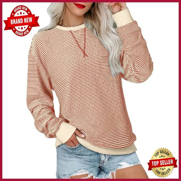 Women's Striped Crewneck Sweatshirt Long Sleeve Pullover Cotton Blend Loose Fit - Picture 4 of 8